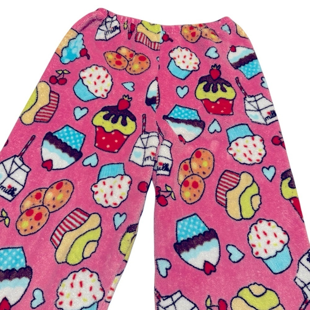 Love and Kisses Fleece Pink Pajama Pants Cupcakes Milk Cookies Girls 12-14 - Picture 4 of 5